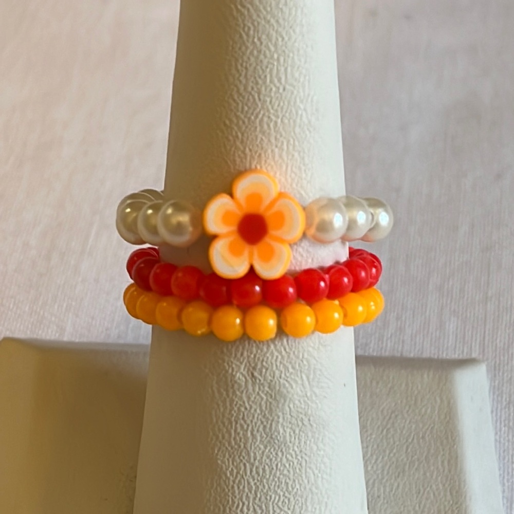 Handmade Orange & Red Flower Beaded Ring Set, Stretchy